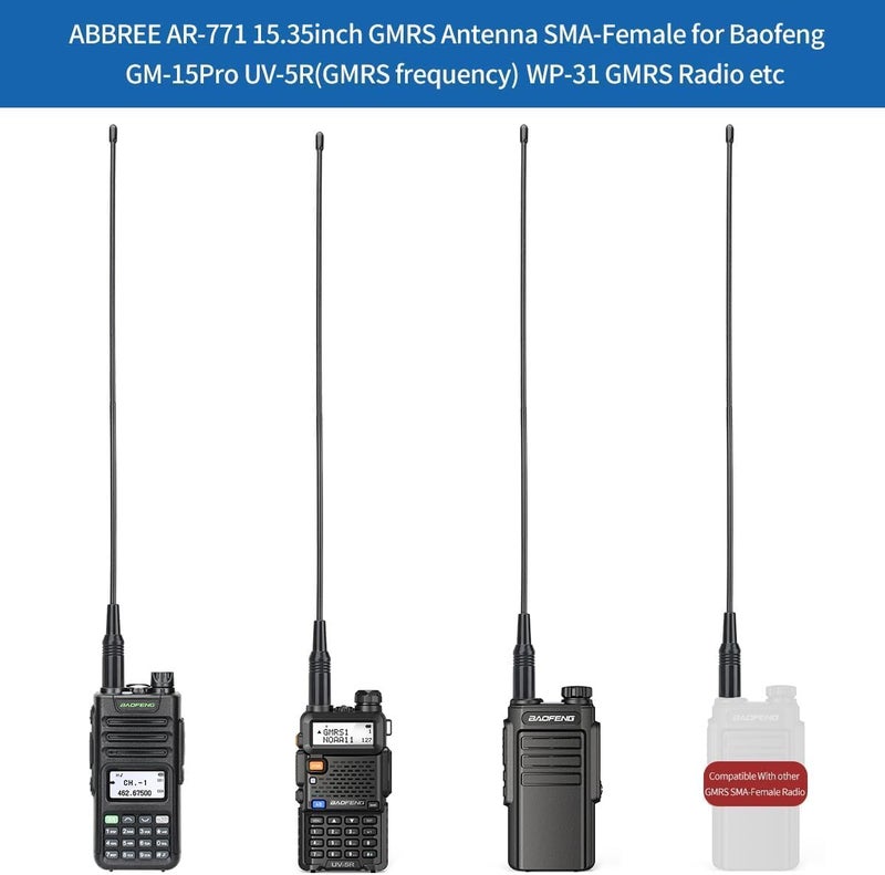 ABBREE AR-771C GMRS (462-467MHz) Antenna 15.3inch Whip Antenna SMA-Female for Baofeng UV-5R GMRS GM-15Pro GM-5RH UV-5G Plus TD-H3 UV-9G TD-H5 GMRS Radios,2Pack (Black) - Image 5